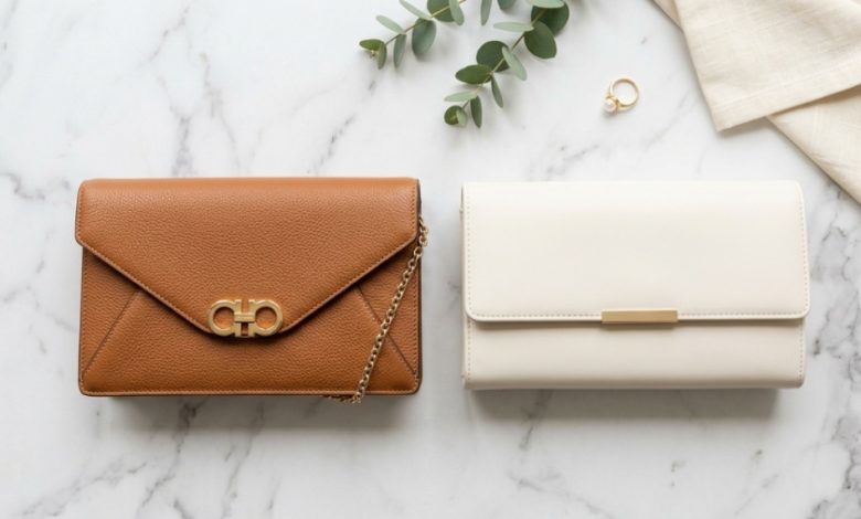 Modern affordable clutch bag on a table next to a champagne glass.
