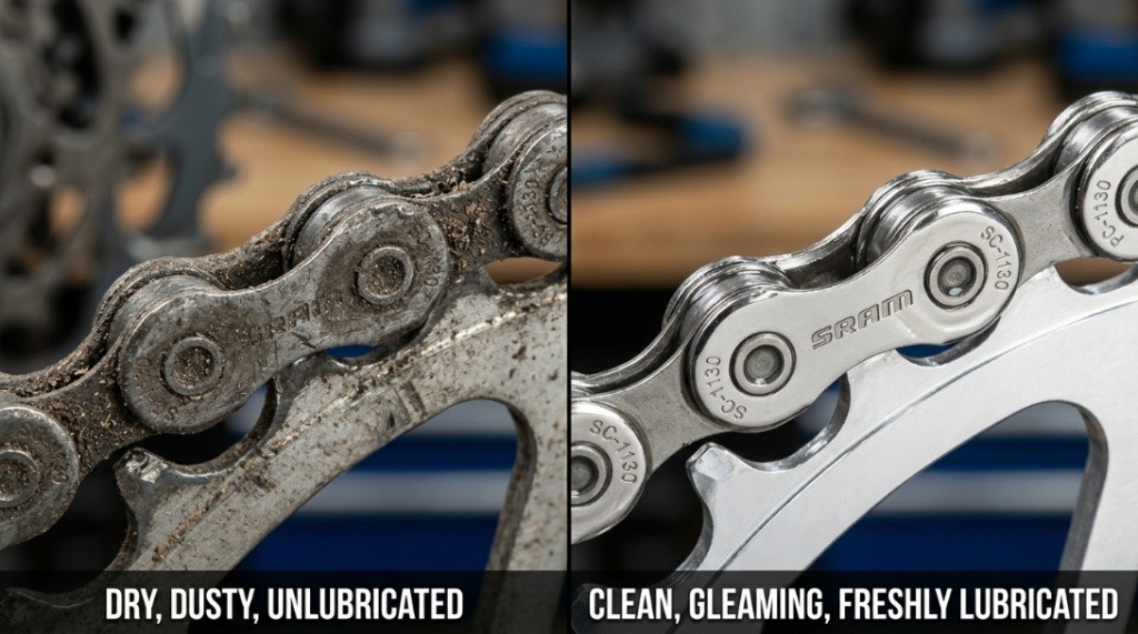 Close up comparison of a dry dusty bike chain versus a lubricated one.