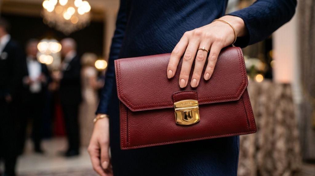 Close up of a high end designer clutch bag with gold hardware.