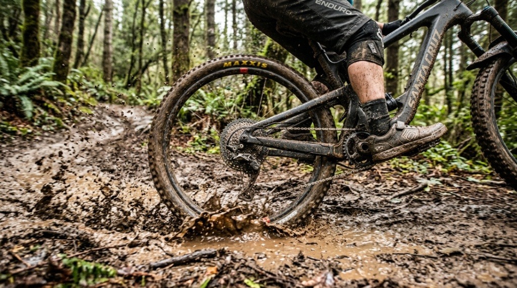 A cyclist riding a mountain bike through a wet muddy forest path.