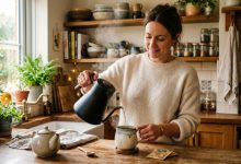 A modern glass electric kettle boiling water on a clean kitchen counter.