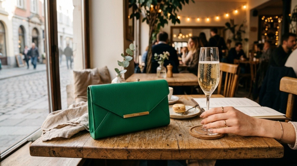 Modern affordable clutch bag on a table next to a champagne glass.