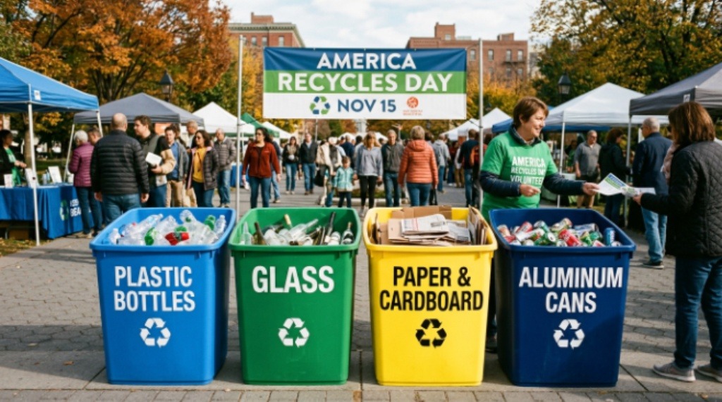 Recycling bins with sorted materials at America Recycles Day event
