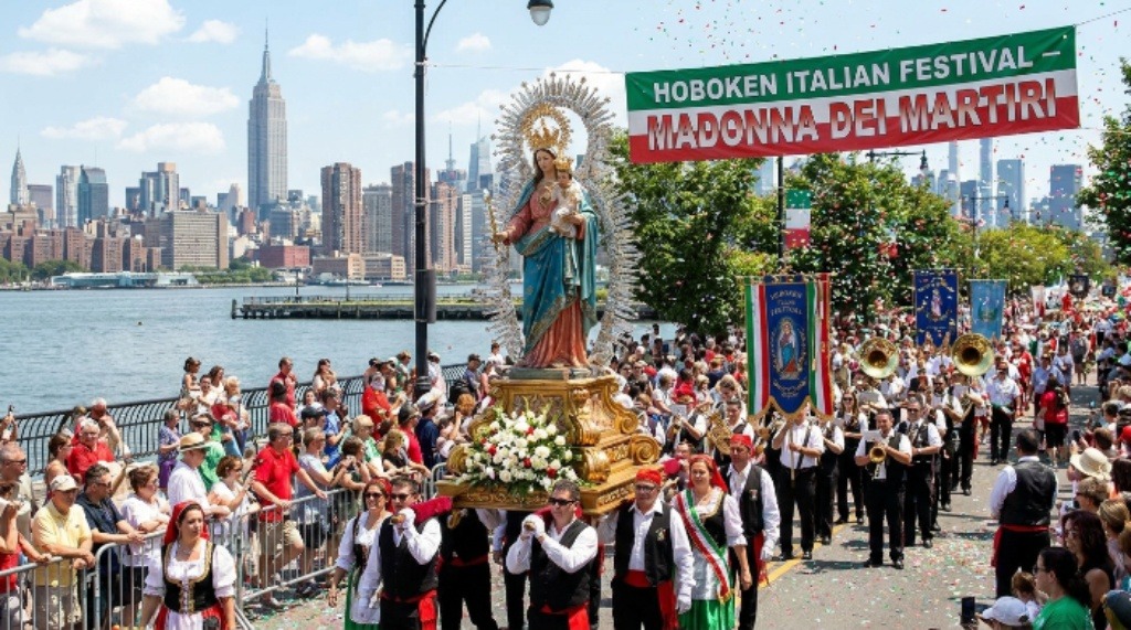Madonna Dei Martiri procession at Hoboken Italian Festival with Hudson River backdrop