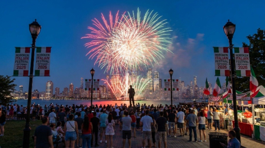 Fireworks over Sinatra Park during Hoboken Italian Festival September 2026