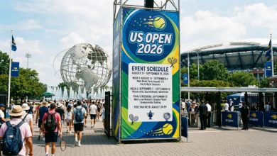 US Open Tennis 2026 schedule and event banner at Flushing Meadows Queens New York