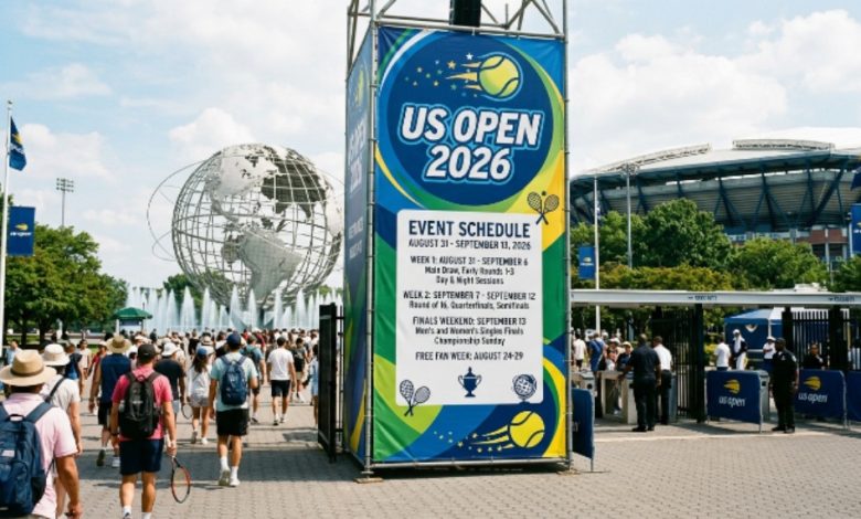 US Open Tennis 2026 schedule and event banner at Flushing Meadows Queens New York