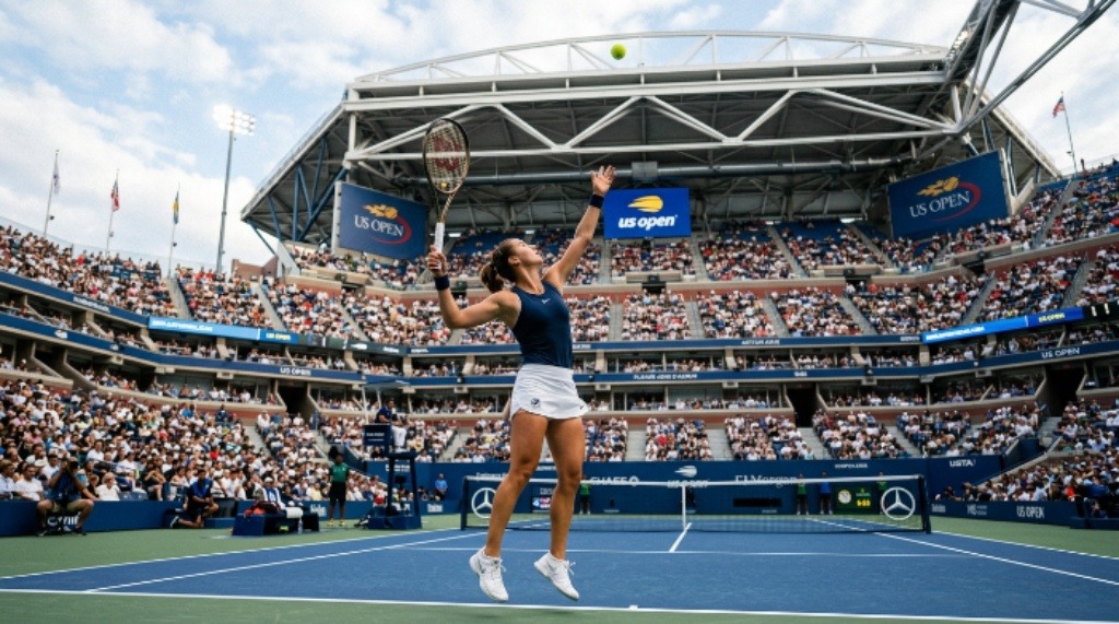 Tennis player serving on hard court at USTA Billie Jean King National Tennis Center