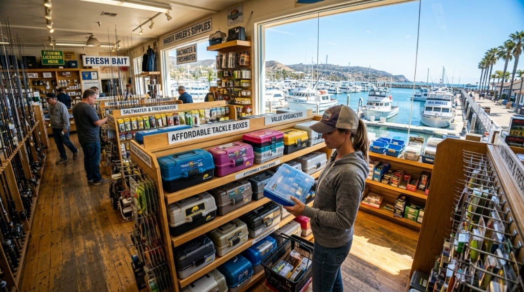 A fisherman organizing fishing gear inside an affordable tackle box outdoors.
