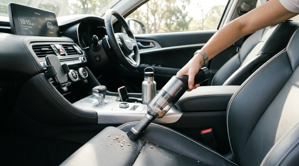 Person holding a portable car vacuum cleaner.