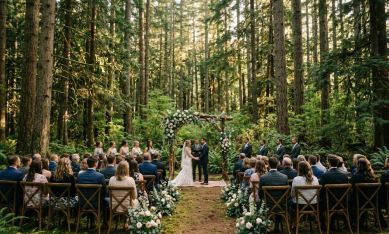 A rustic floral arch stands ready for a wedding ceremony in a Washington pine forest.