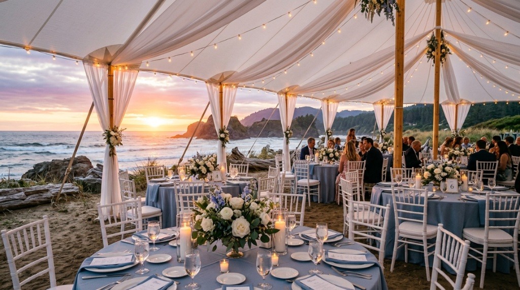 An elegant white tent features coastal table settings overlooking the scenic Washington coast.