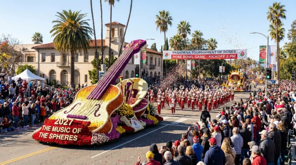 Colorful floral floats and marching bands parading along Colorado Boulevard in Pasadena during the 2027 Rose Parade on New Year's Day, just hours before kickoff at the Rose Bowl
