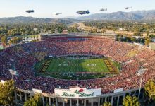Aerial view of Rose Bowl Stadium in Pasadena, California packed with over 90,000 fans during the 2027 Rose Bowl Game CFP Quarterfinal on New Year's Day