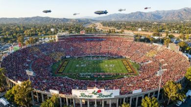 Aerial view of Rose Bowl Stadium in Pasadena, California packed with over 90,000 fans during the 2027 Rose Bowl Game CFP Quarterfinal on New Year's Day
