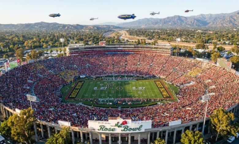 Aerial view of Rose Bowl Stadium in Pasadena, California packed with over 90,000 fans during the 2027 Rose Bowl Game CFP Quarterfinal on New Year's Day