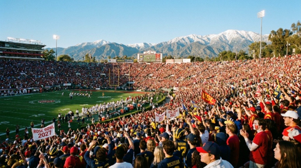 College football fans cheering in the stands at Rose Bowl Stadium during the January 1 2027 Rose Bowl Game with the San Gabriel Mountains visible in the background