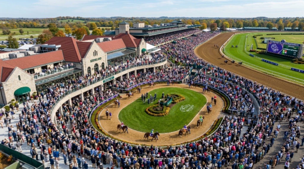 Aerial view of the newly renovated Keeneland Race Course Paddock Building and walking ring filled with spectators during the 2026 Breeders Cup World Championships in Lexington Kentucky
