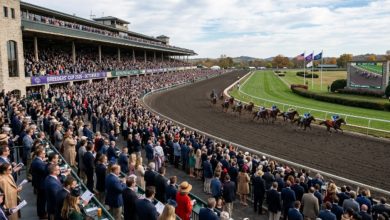 Thousands of racing fans in business formal attire watching Thoroughbred horses compete on the dirt track at Keeneland Race Course during the Breeders Cup 2026 on October 31