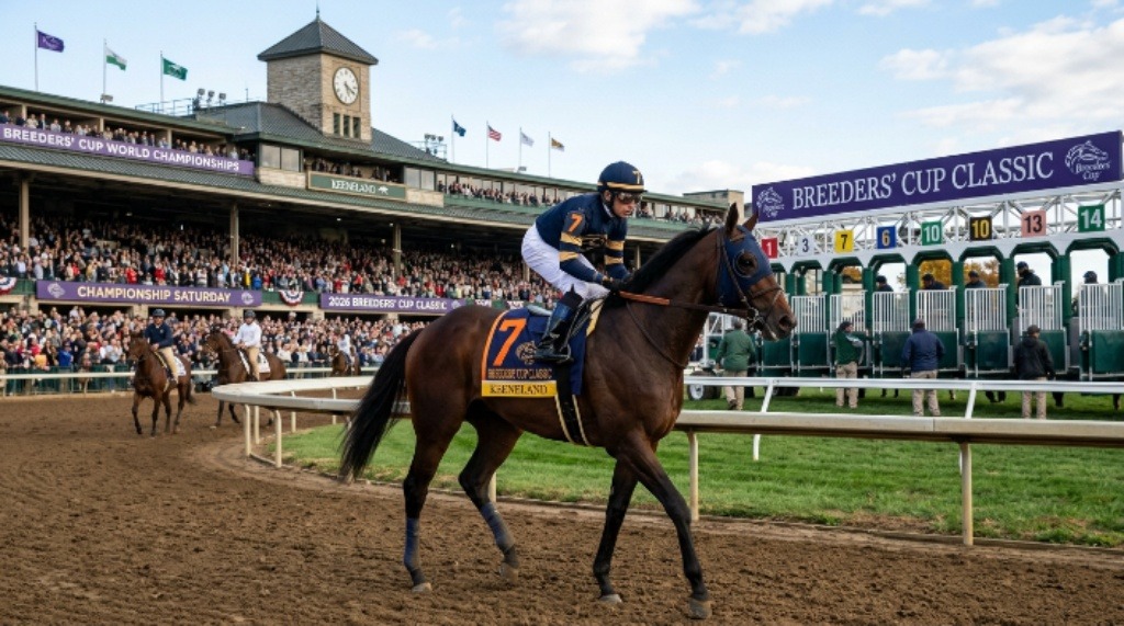 A Thoroughbred racehorse and jockey in full racing silks heading toward the starting gate for the Breeders Cup Classic on Championship Saturday at Keeneland in Lexington Kentucky 2026