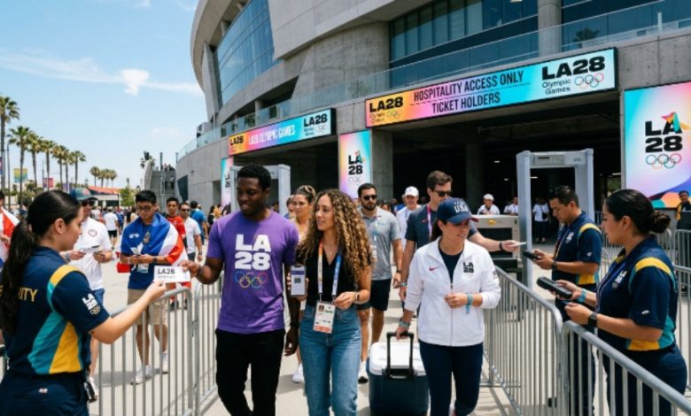 Fans entering an LA28 Olympics venue with official tickets and hospitality access