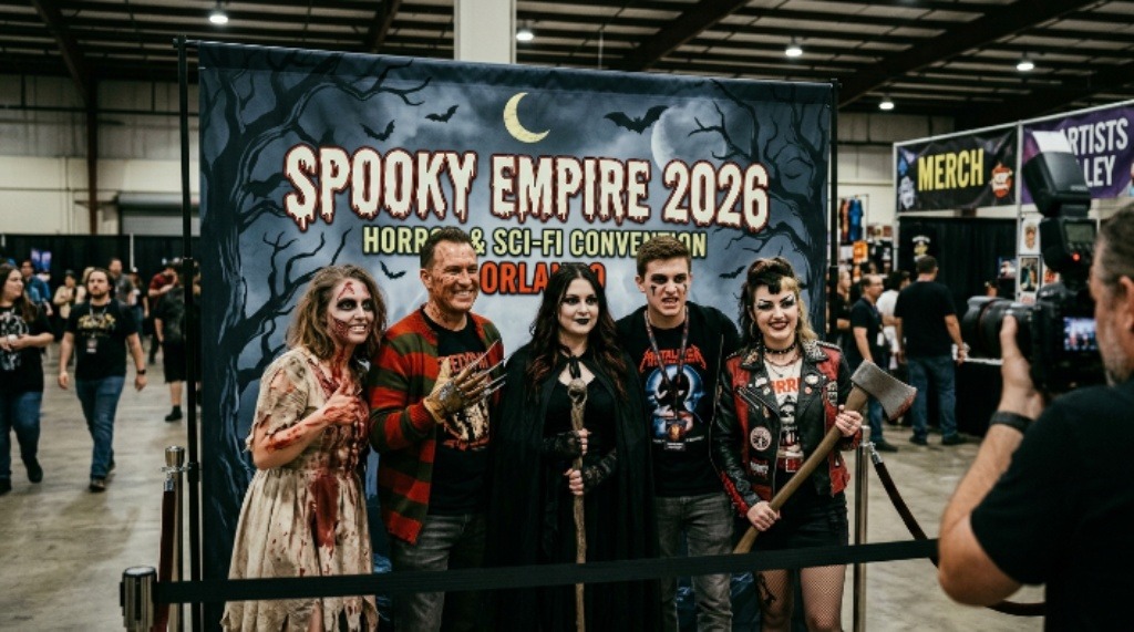 Horror convention attendees posing for a photo op at Spooky Empire 2026