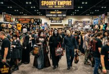 Costumed fans walking through the Spooky Empire 2026 vendor hall in Orlando
