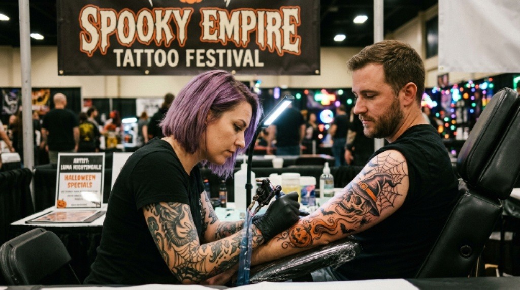 Tattoo artist working on a Halloween-themed design at the Spooky Empire tattoo festival