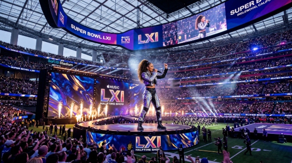 The Apple Music Super Bowl LXI Halftime Show performer on stage at SoFi Stadium in Inglewood, California during the February 2027 NFL championship game
