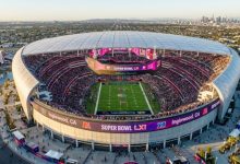 Aerial view of SoFi Stadium in Inglewood, California filled with 70,000 fans during Super Bowl LXI on Valentine's Day, February 14, 2027