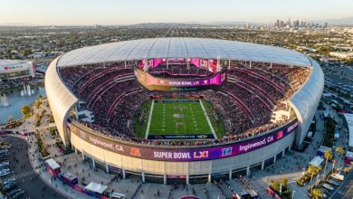Aerial view of SoFi Stadium in Inglewood, California filled with 70,000 fans during Super Bowl LXI on Valentine's Day, February 14, 2027