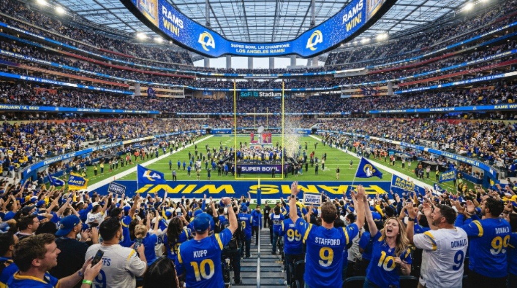 A crowd of NFL fans celebrating inside SoFi Stadium in Los Angeles at the Super Bowl LXI championship game on February 14, 2027