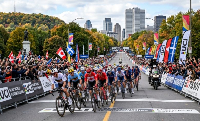 Elite cyclists racing through the Mont-Royal circuit on Avenue du Parc during the UCI Road World Championships 2026 in Montréal, Canada