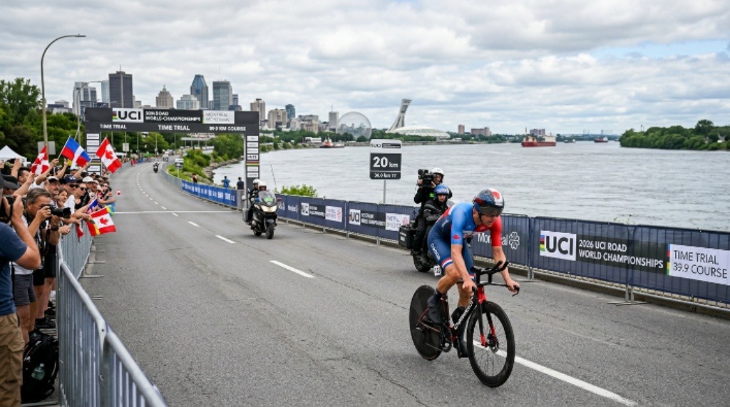 A time trial specialist riding along the St. Lawrence River on the 39.9 km time trial course during the 2026 Road World Championships in Montréal