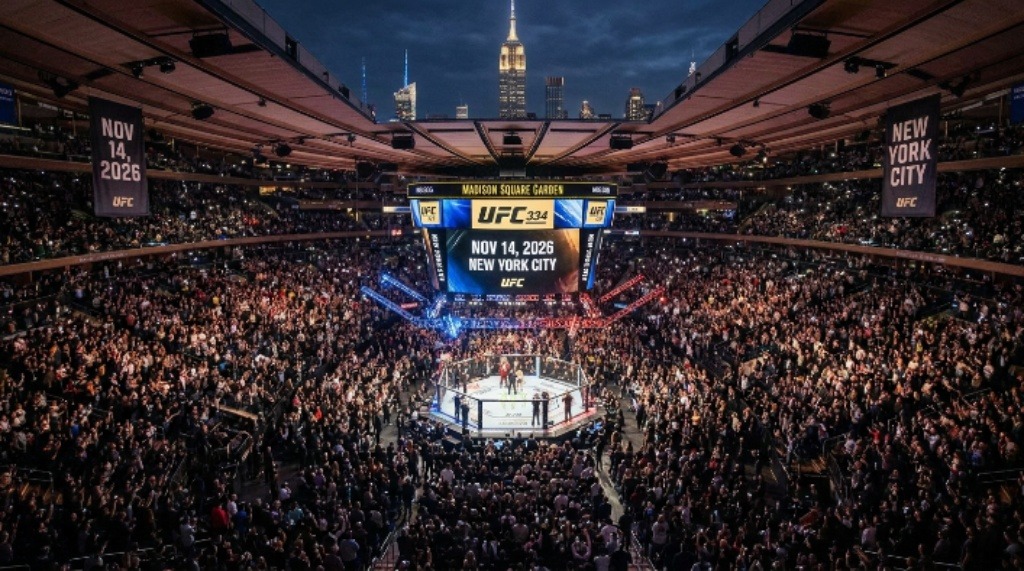 Aerial view of the packed Madison Square Garden octagon setup for UFC 334 on November 14, 2026, in New York City