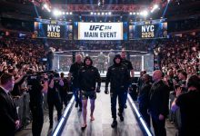 UFC fighters walking to the octagon at a sold-out Madison Square Garden in New York City during a UFC 334 main event night on November 14, 2026