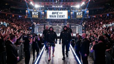 UFC fighters walking to the octagon at a sold-out Madison Square Garden in New York City during a UFC 334 main event night on November 14, 2026