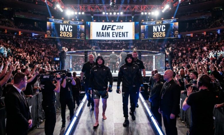 UFC fighters walking to the octagon at a sold-out Madison Square Garden in New York City during a UFC 334 main event night on November 14, 2026