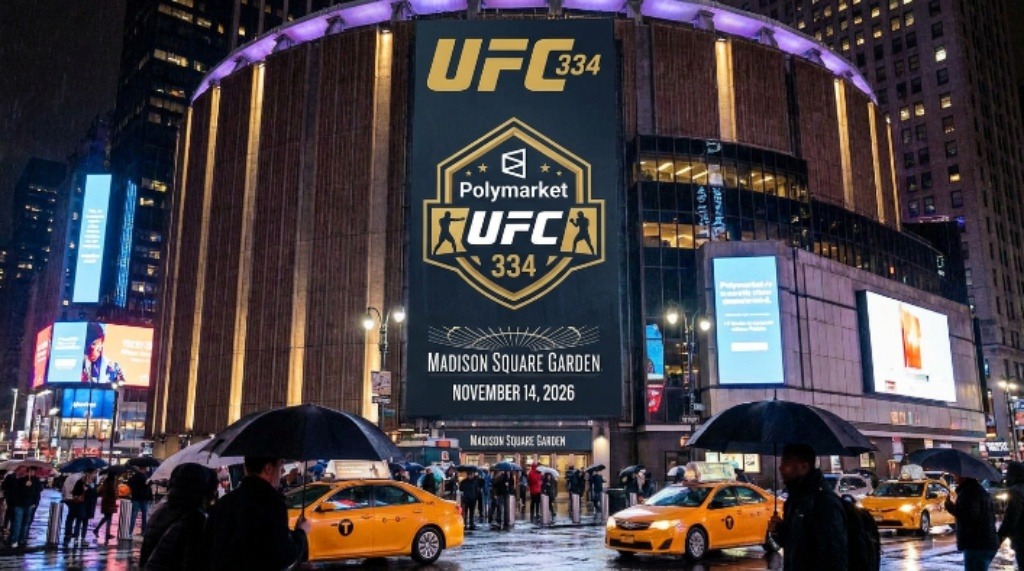 UFC 334 promotional banner for the Polymarket UFC 334 event at Madison Square Garden in New York City on November 14, 2026