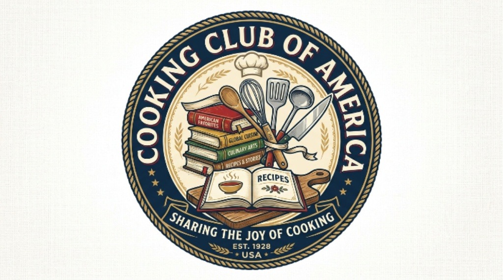 Cooking Club of America logo with recipe books and kitchen utensils
