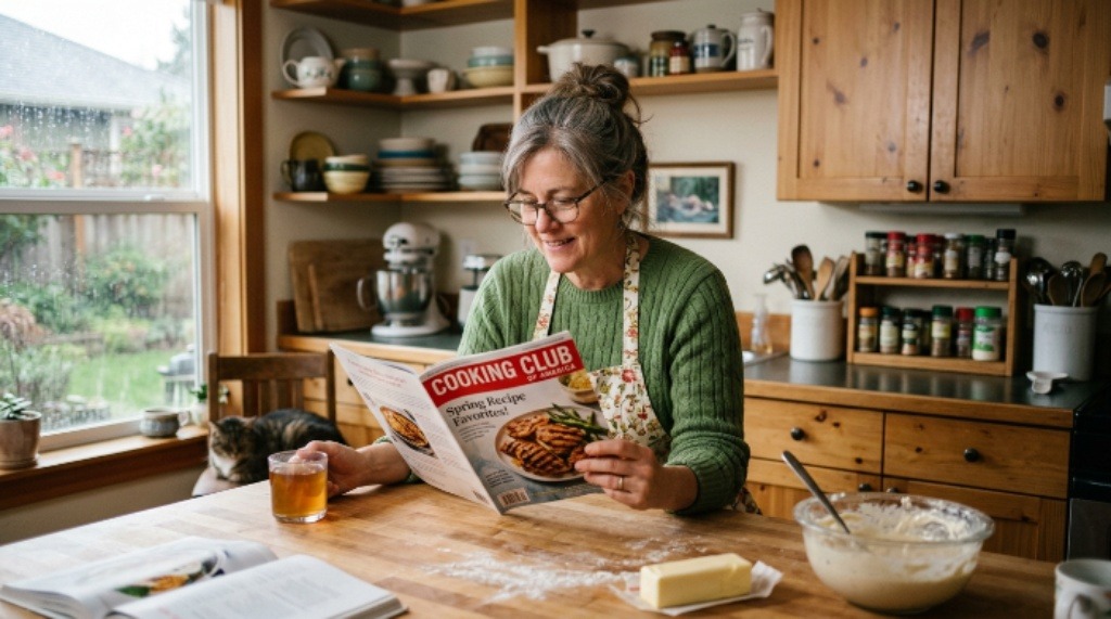Home cook reading a Cooking Club of America magazine in a kitchen