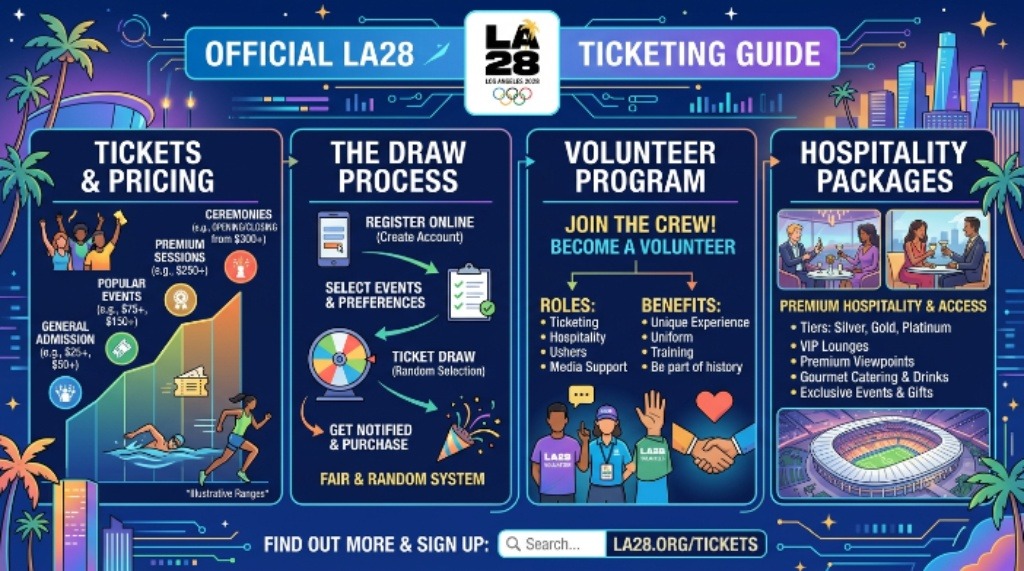 Official LA28 Olympics ticketing guide featuring prices, draw process, volunteers, and hospitality packages
