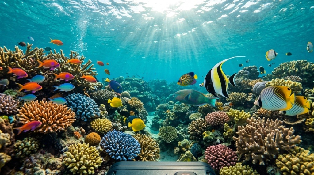 Colorful coral reef and tropical fish captured with an underwater camera.