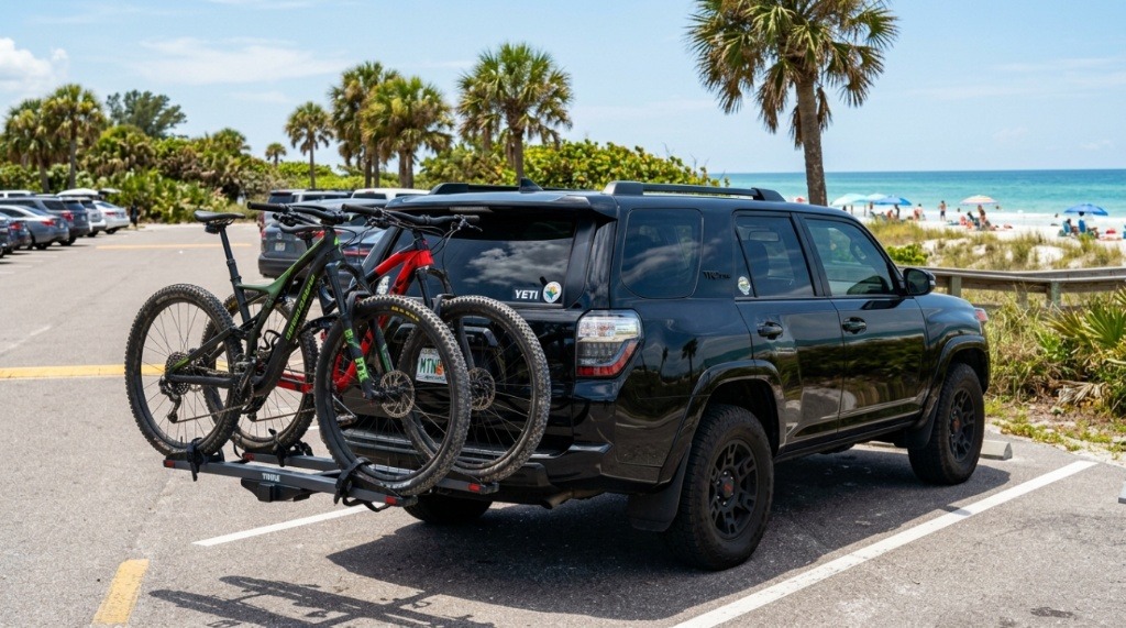 Person securing a hitch bike rack into a vehicle receiver tube.