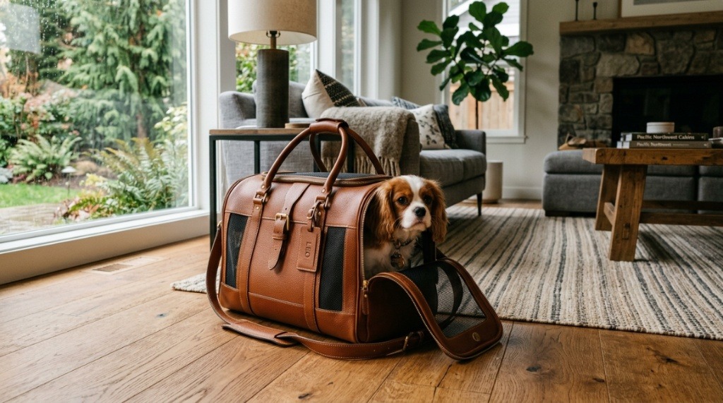 Close up of premium gold hardware and mesh on a luxury pet carrier.