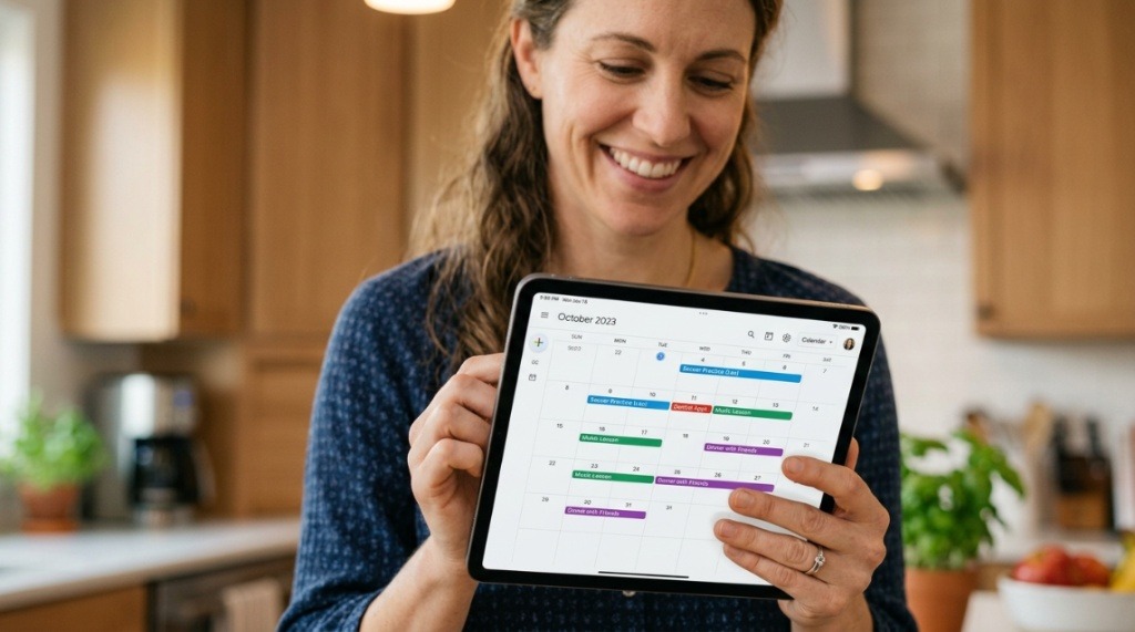 Mother updating a digital family calendar app on a tablet in the kitchen.