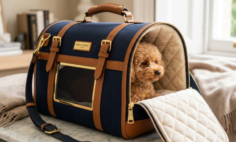 A chic luxury pet carrier sitting on a modern floor in Washington.