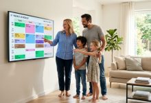 Family looking at a large smart calendar mounted on a living room wall.