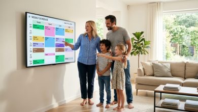 Family looking at a large smart calendar mounted on a living room wall.