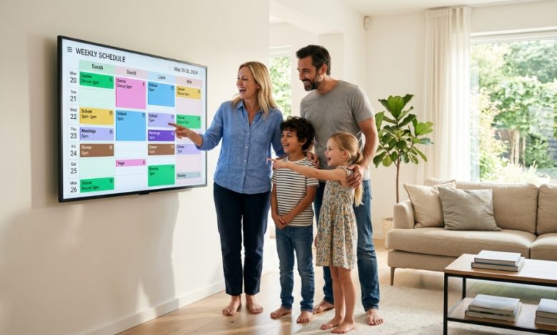 Family looking at a large smart calendar mounted on a living room wall.